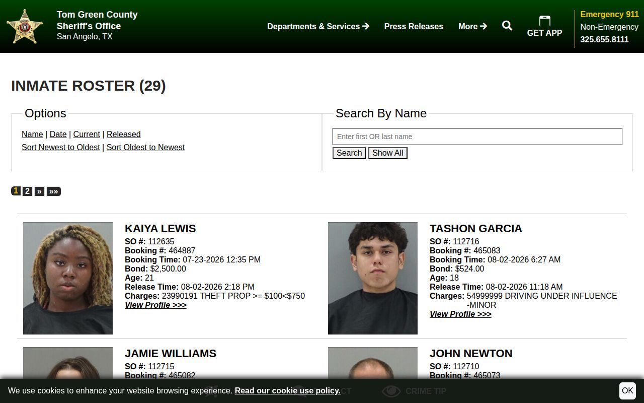 Tom Green Released roster used to test a 72-hour Irion County release window